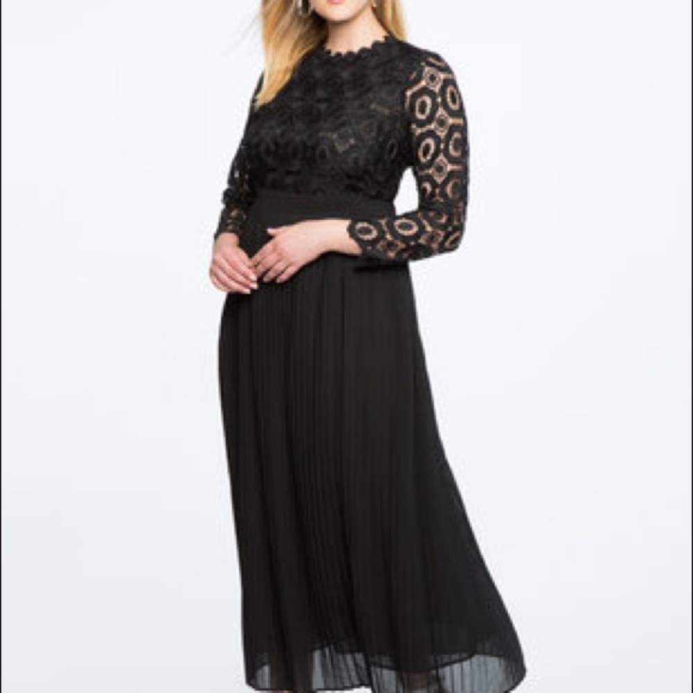 ELOQUII black lace and chiffon pleated dress